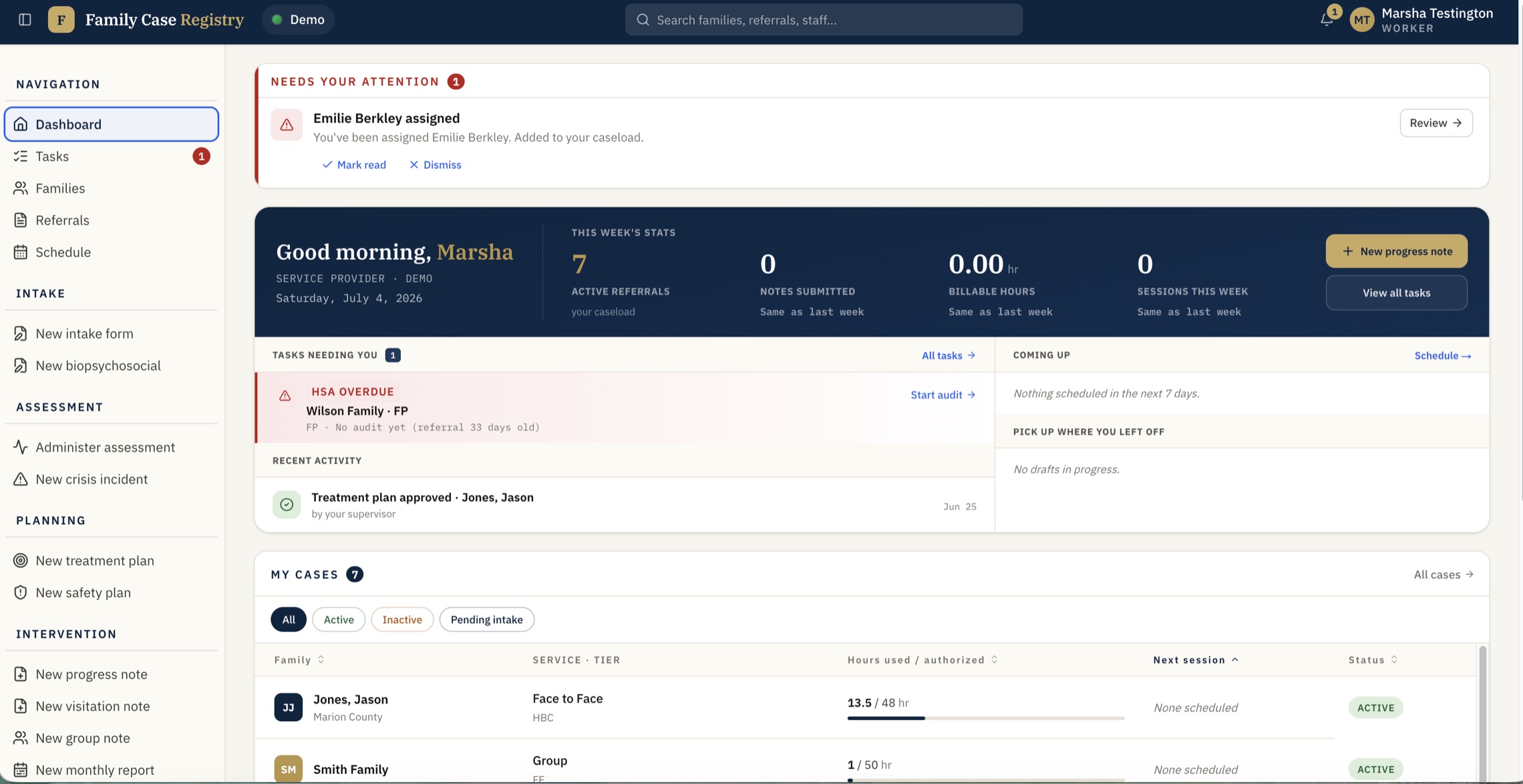 The FCR worker dashboard: a service provider's caseload at a glance — new assignments needing attention, this week's stats, tasks and recent activity, and each family's case with hours used against authorization.